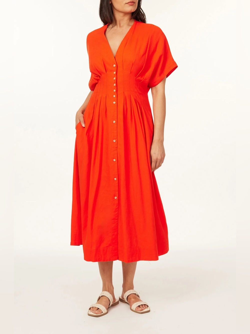 Scotch & Soda Linen Bright Red Midi Button-Front Dress